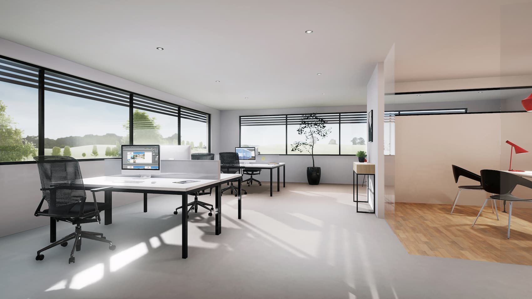 Intérieur de bureau blanc avec mobilier de travail et ordinateurs